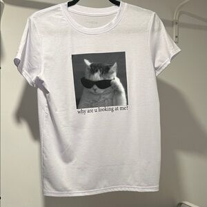 SHEIN White Cat Graphic Tee with Sunglasses Print